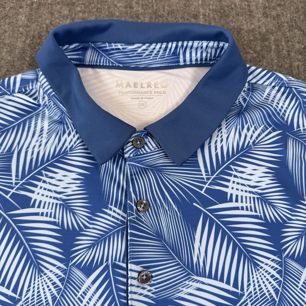 MAELREG Men's Performance Golf Polo Shirt – Blue Tropical Leaf Print – Size 2XL